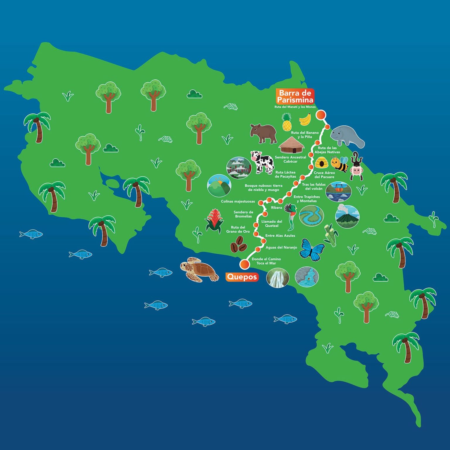 Mapa ilustrado del Camino de Costa Rica, desde Barra de Parismina hasta Quepos